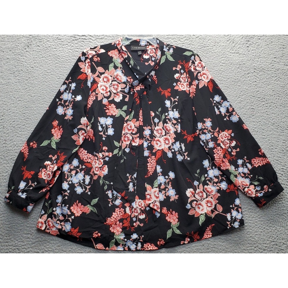Lane Bryant Blouse Top Womens 14/16P Multi Floral Long Sleeve Built-in Tie Neck